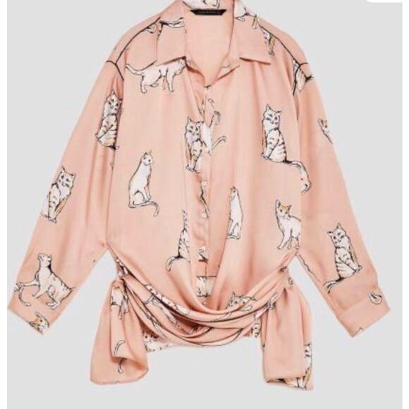 Zara cat print silky ‘fashion pajama’ blogger favorite blouse top, size small - Picture 3 of 16